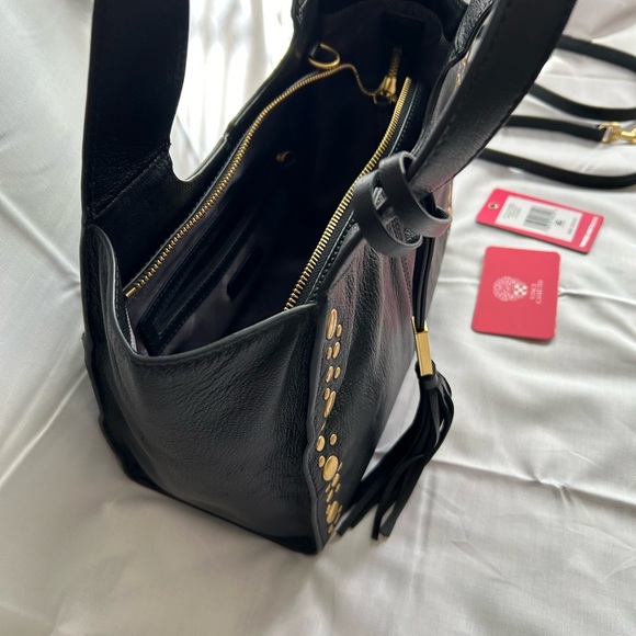 Vince Camuto Black Pebbled Leather Studded Shoulder Bag with Tassel - Picture 4 of 16
